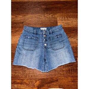 Madewell Womens Blue Denim Button Fly Patch Pocket Raw Hem Jean Shorts Size 28
